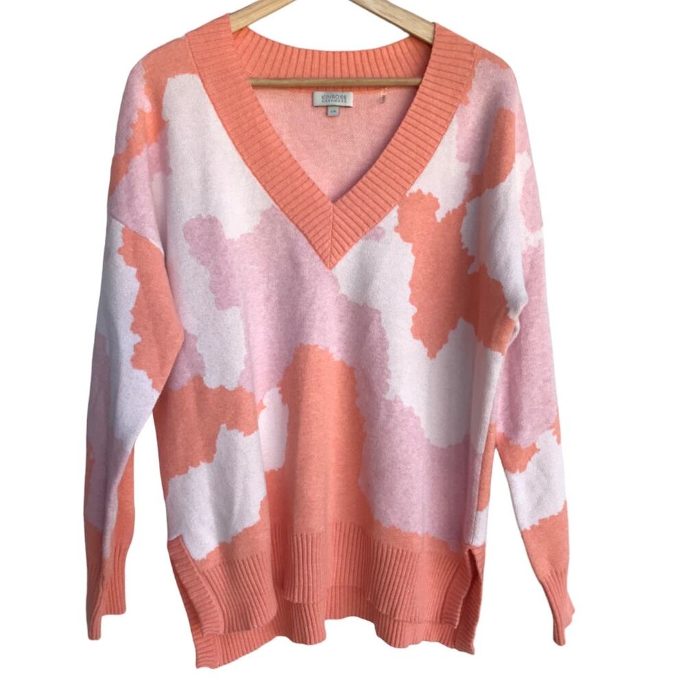 Kinross Cashmere Pink Camo Hi Low Island V Cotton Cashmere Blend Sweater size L